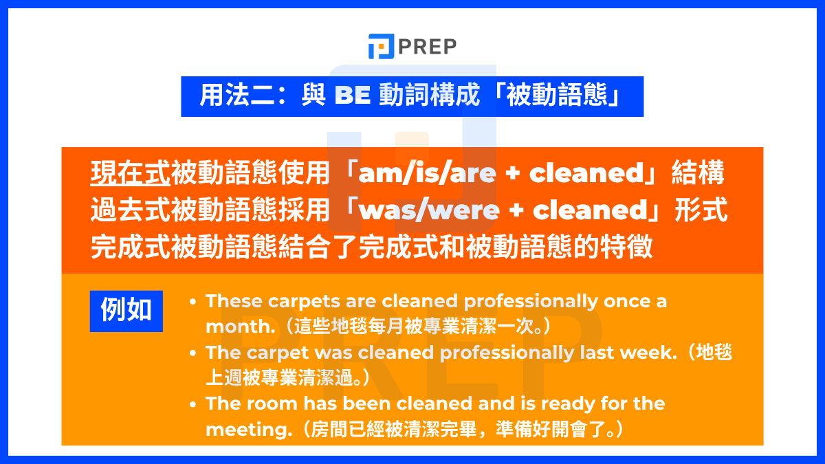 被動語態的基本結構是「be 動詞 + cleaned」