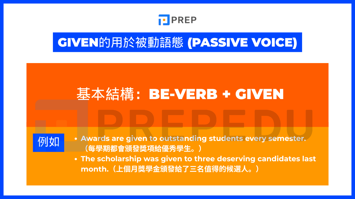 Given的用於被動語態 (Passive Voice)
