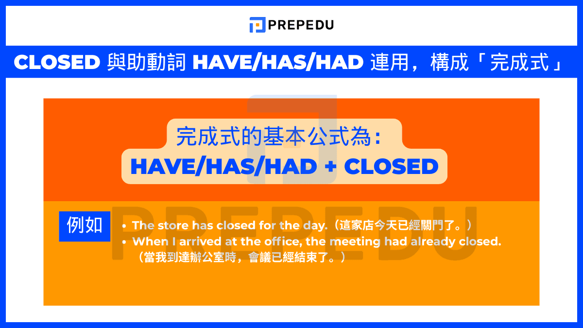 closed 與助動詞 have/has/had 連用，構成「完成式」