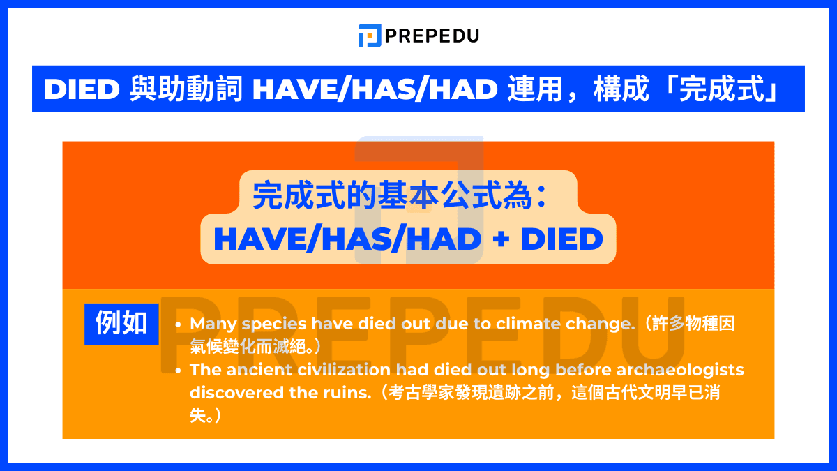 died 與助動詞 have/has/had 連用,構成「完成式」