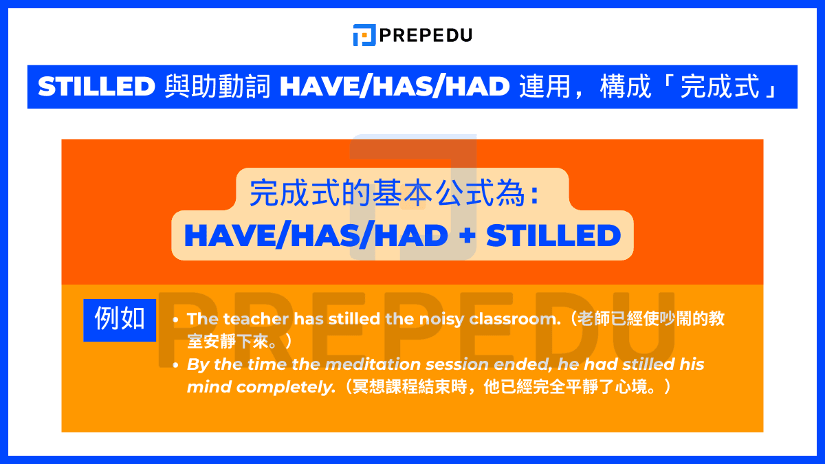 Stilled 與助動詞 have/has/had 連用，構成「完成式」
