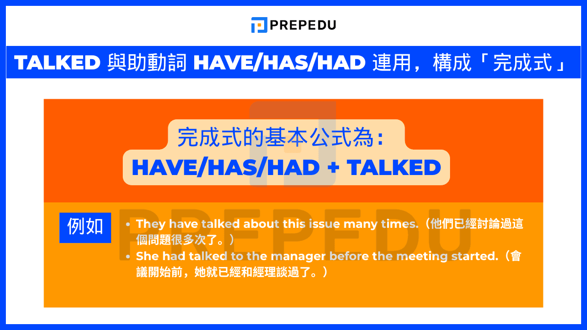 Talked 與助動詞 have/has/had 連用，構成「完成式」