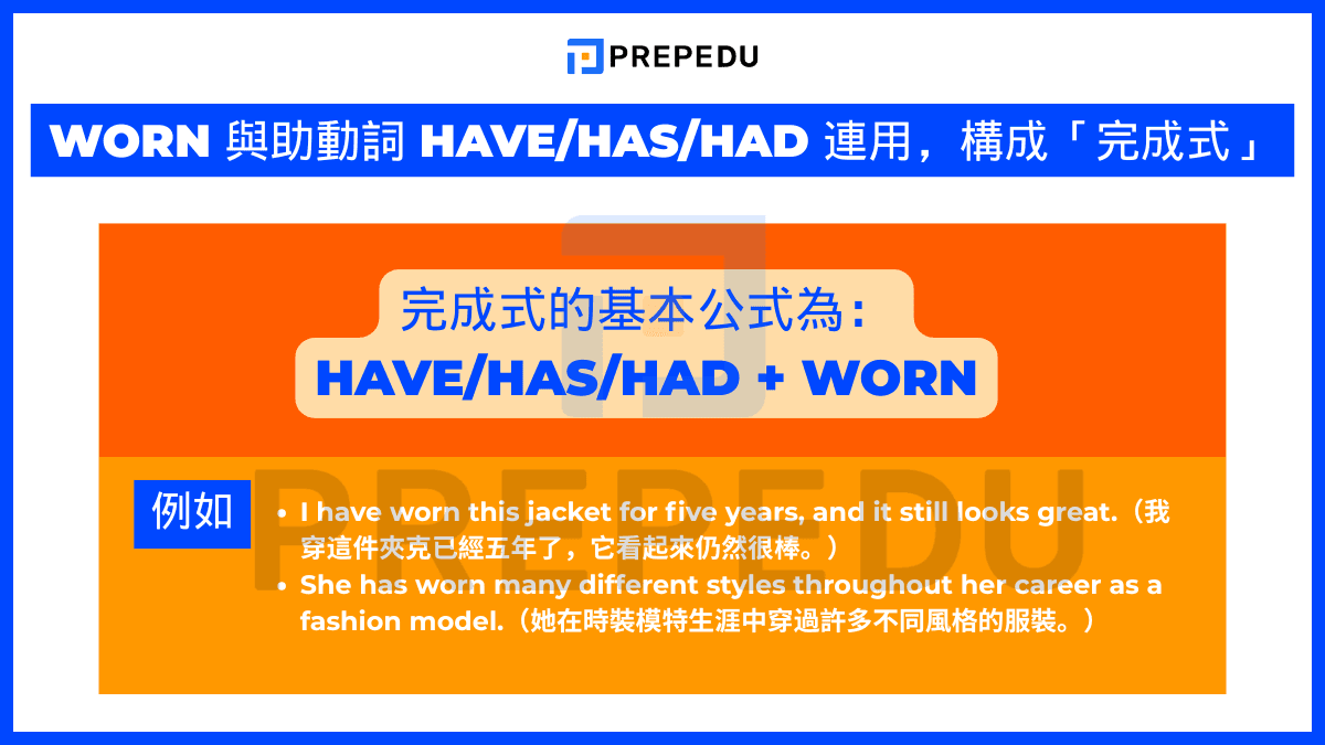 worn 與助動詞 have/has/had 連用，構成「完成式」
