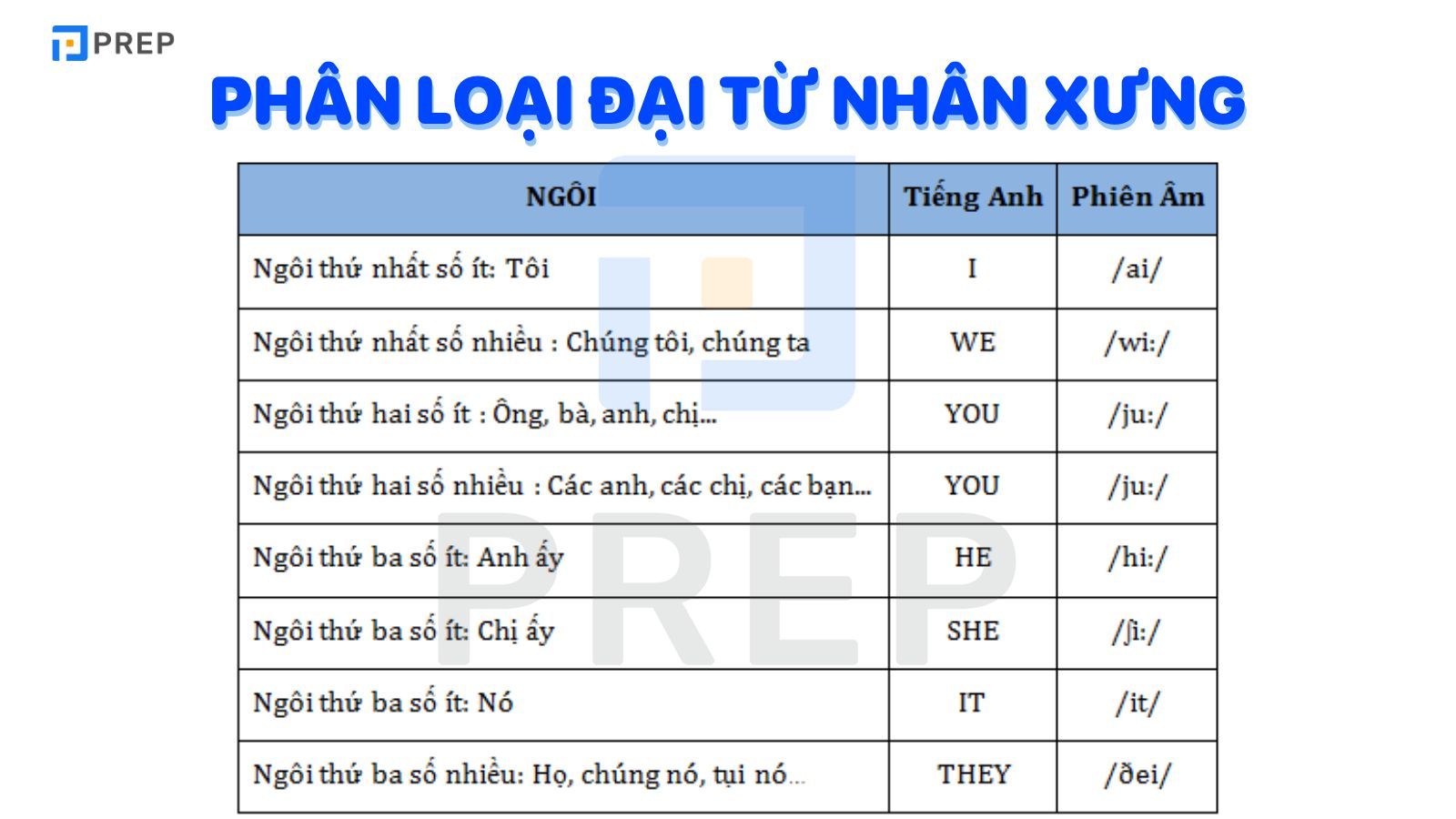 phân loại đại từ nhân xưng