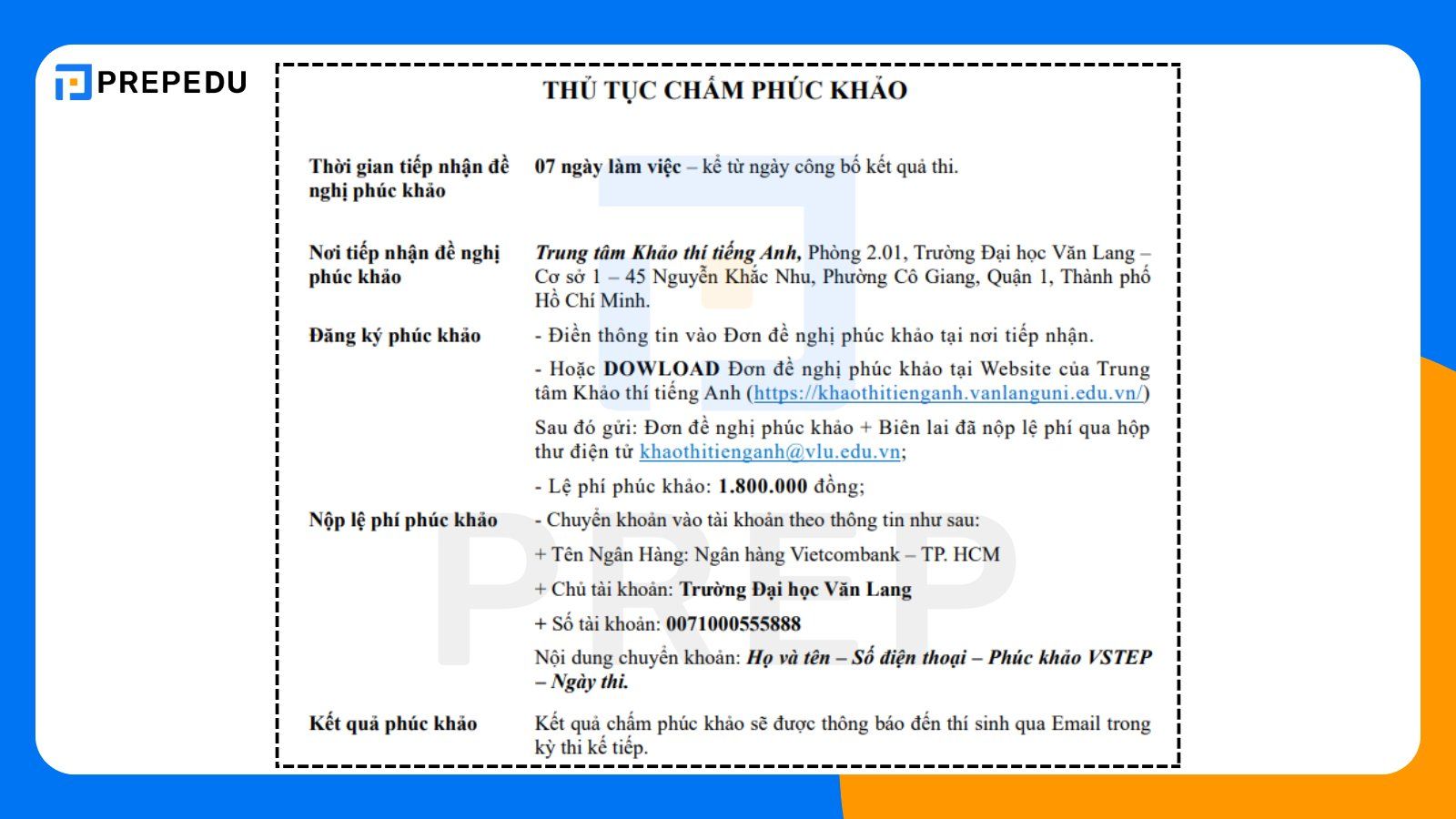 Phúc khảo VSTEP đại học Văn Lang