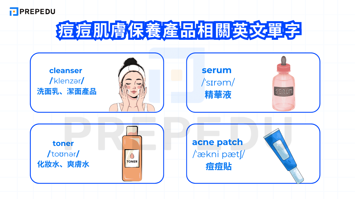 痘痘肌膚保養產品相關英文單字