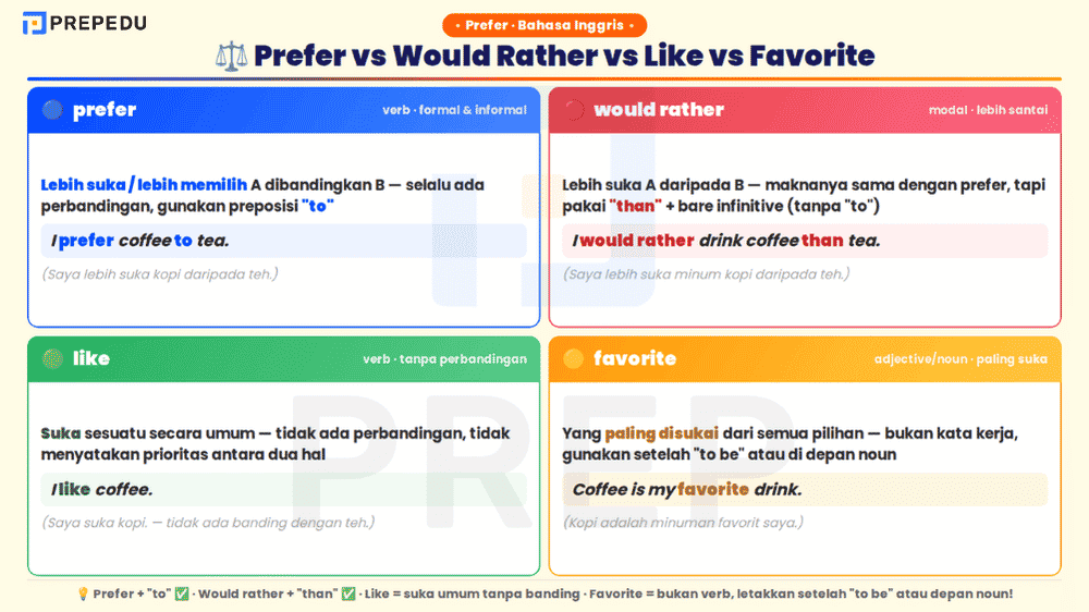 Perbedaan prefer dengan would rather, like, dan favorite