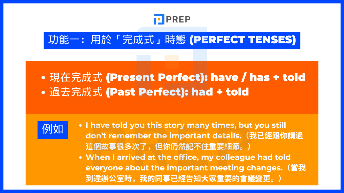 功能一：用於「完成式」時態 (Perfect Tenses)