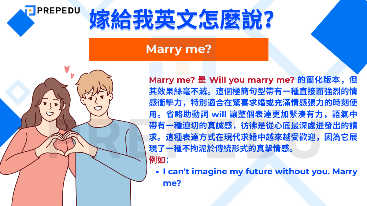 Marry me? 是 Will you marry me? 的簡化版本，但其效果絲毫不減。