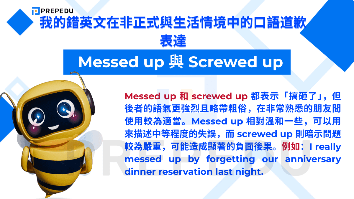 Messed up 相對溫和一些，可以用來描述中等程度的失誤