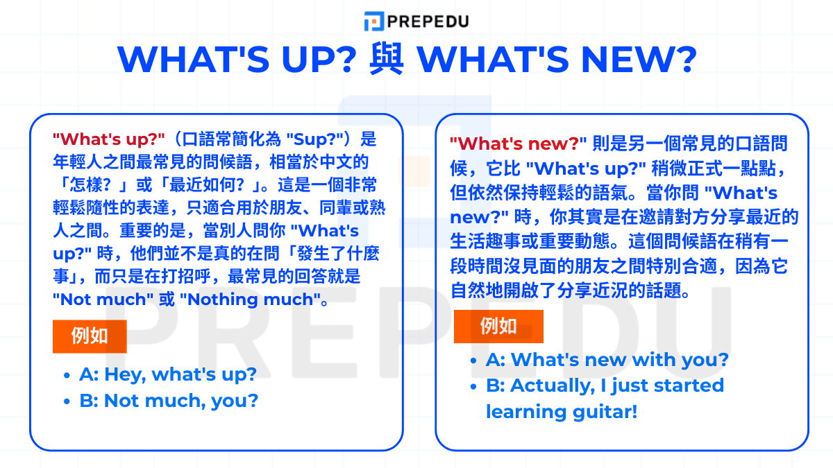 你也可以用 "What's up?" 或 "What's new?" 來表達你好嗎的英文說法