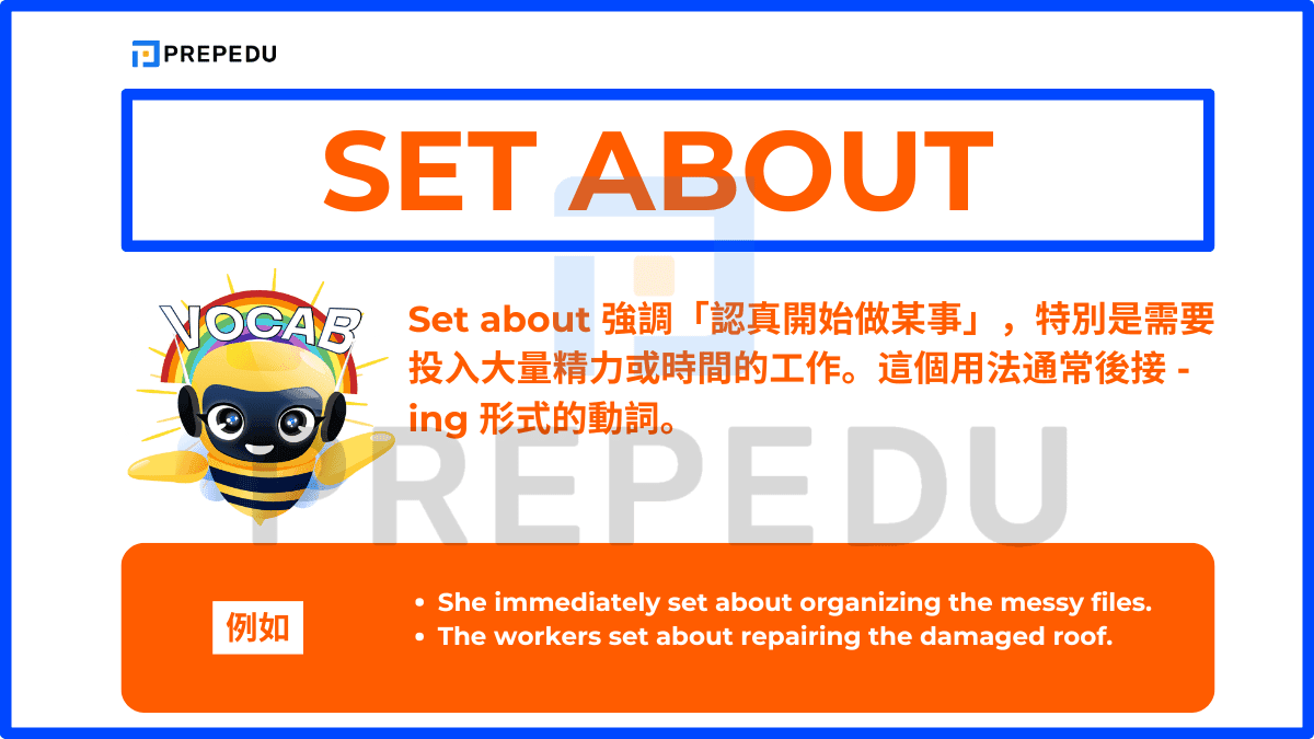 Set about 強調「認真開始做某事」