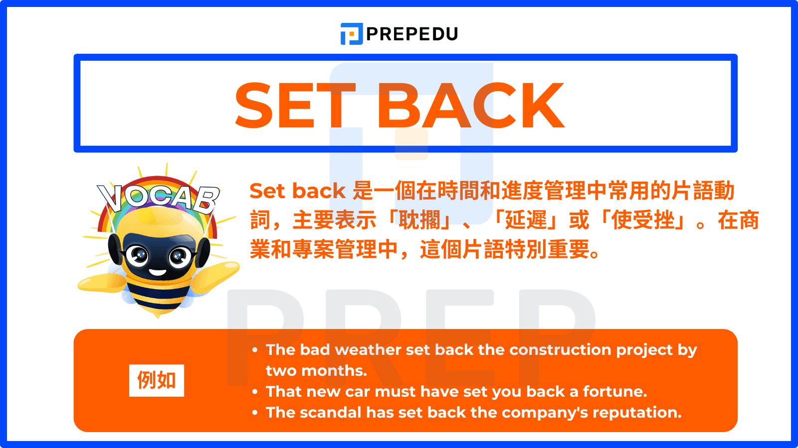 Set back 是一個在時間和進度管理中常用的片語動詞