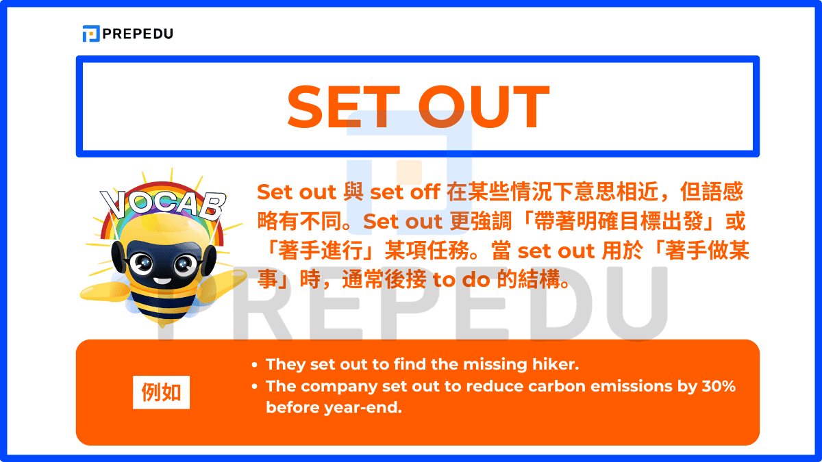 Set out 更強調「帶著明確目標出發」或「著手進行」某項任務