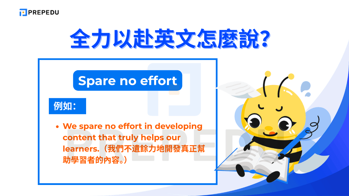 Spare no effort 是一個正式且有份量的表達，字面意思為「不保留任何努力」