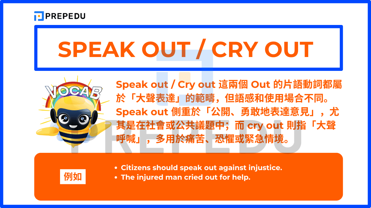 Speak out / Cry out 這兩個 Out 的片語動詞都屬於「大聲表達」的範疇