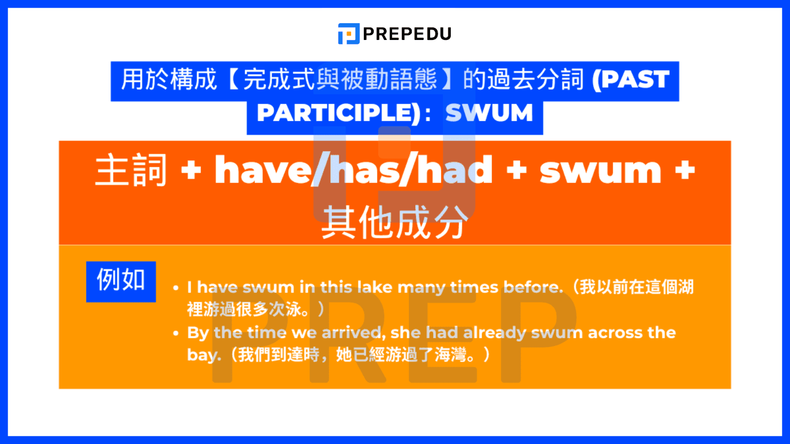 用於構成【完成式與被動語態】的過去分詞 (Past Participle)：Swum