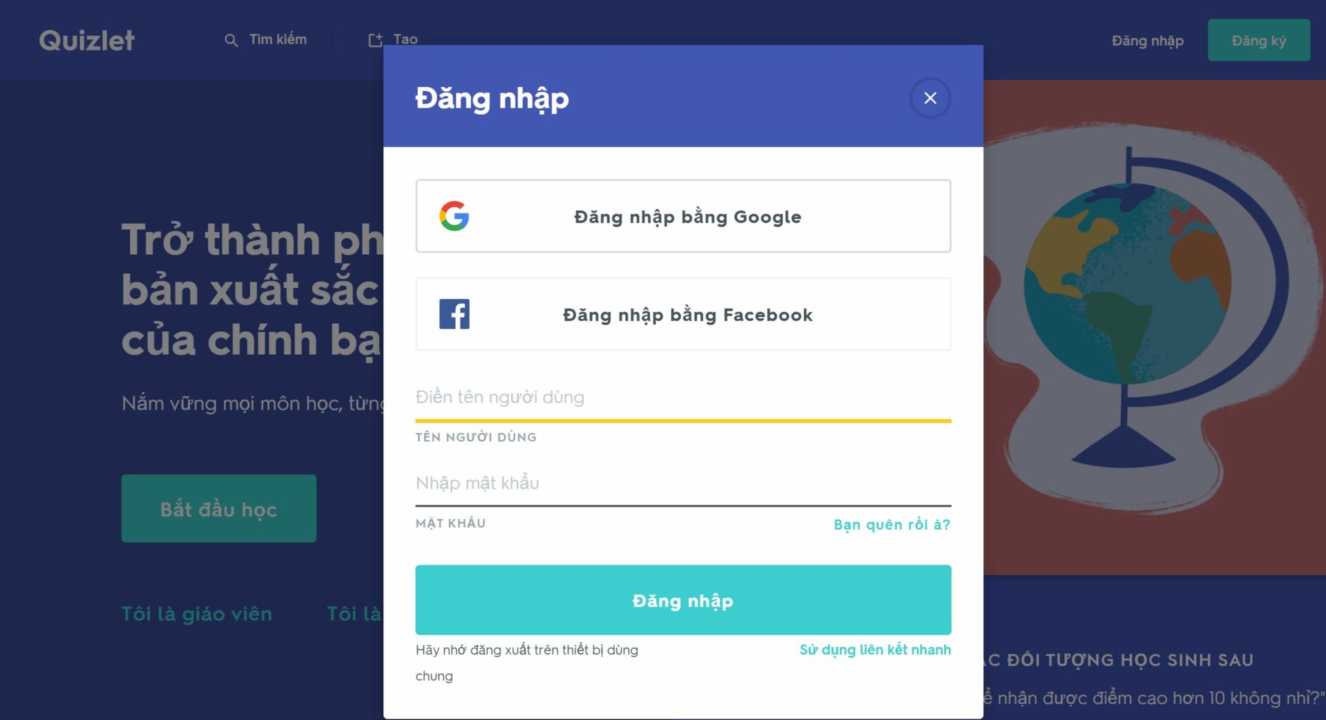 Tạo tài khoản Quizlet