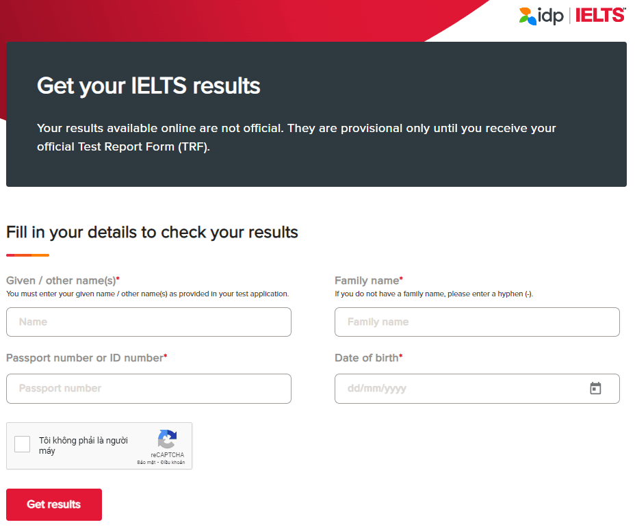 Trang tra cứu điểm thi IELTS IDP Việt Nam