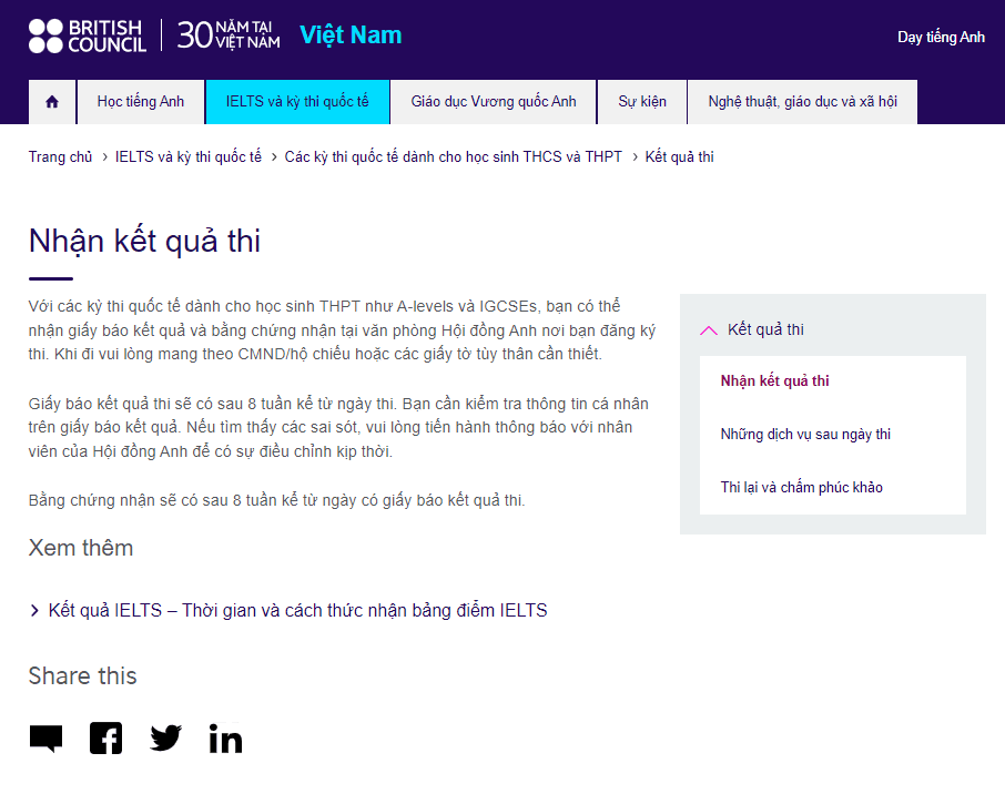 Trang tra cứu điểm thi IELTS British Council