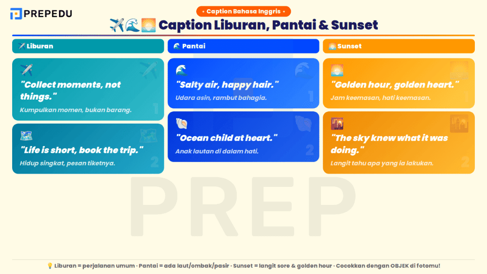 Caption bahasa Inggris untuk foto liburan, pantai, dan momen sunset golden hour