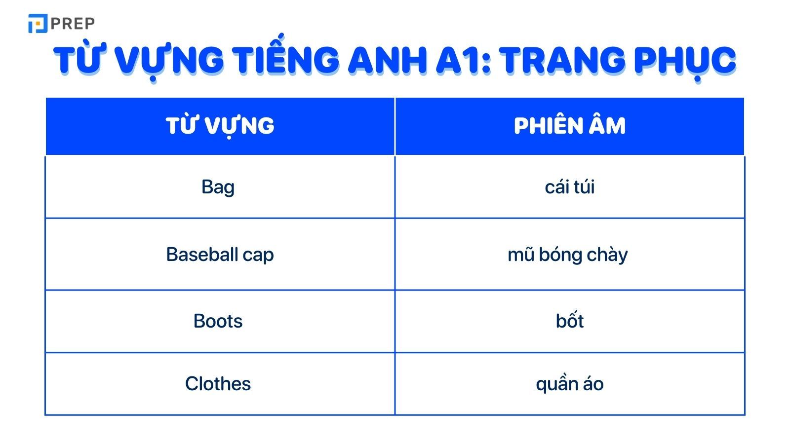 Từ vựng tiếng Anh A1 trang phục