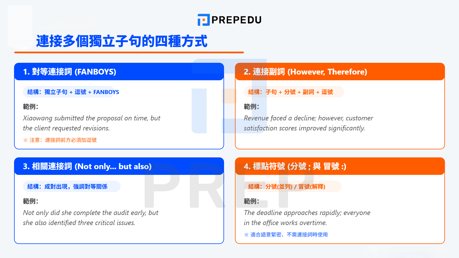 連接多個獨立子句的四種方式