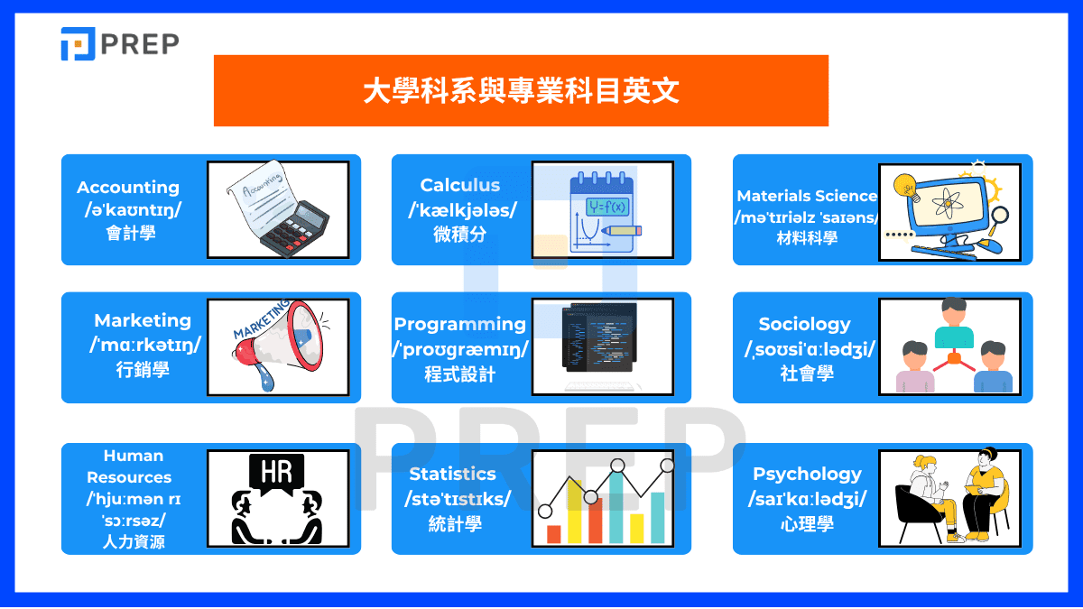 大學科系與專業科目英文