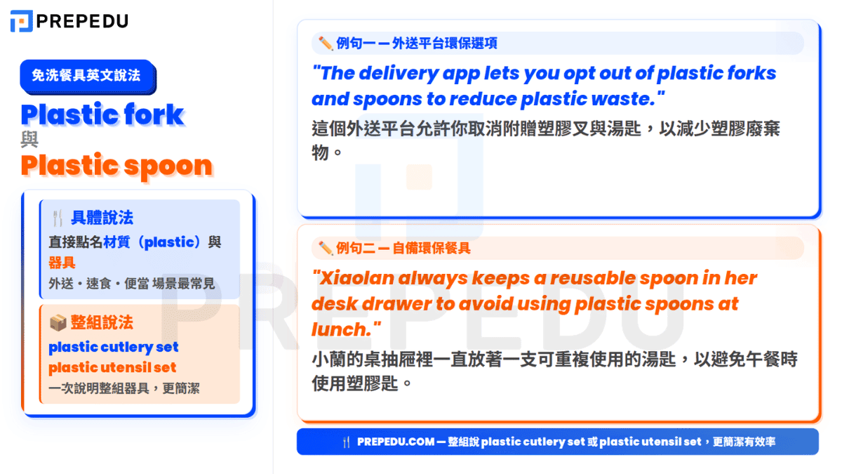 Plastic fork（塑膠叉）與 plastic spoon（塑膠匙）是描述免洗餐具時最具體的英文名詞