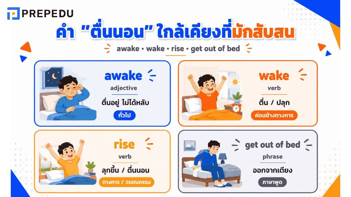 คำศัพท์ "ตื่นนอน" ใกล้เคียงที่คนไทยมักสับสน: awake, rise, get out of bed