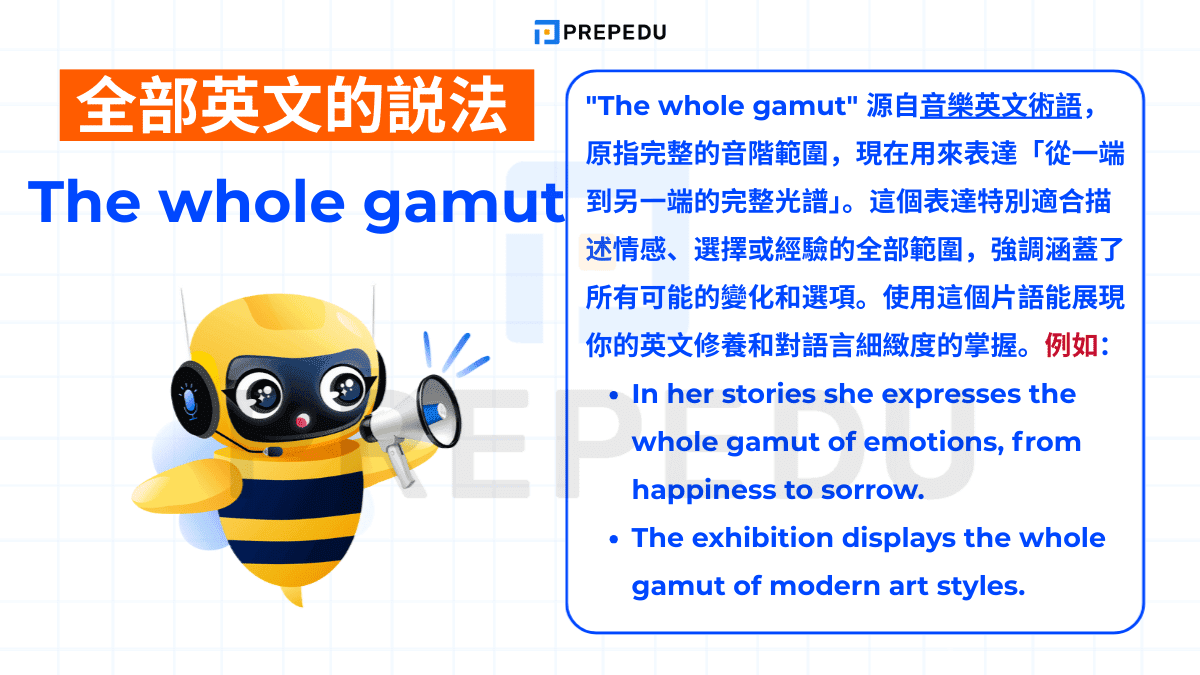 "The whole gamut" 源自音樂英文術語，原指完整的音階範圍
