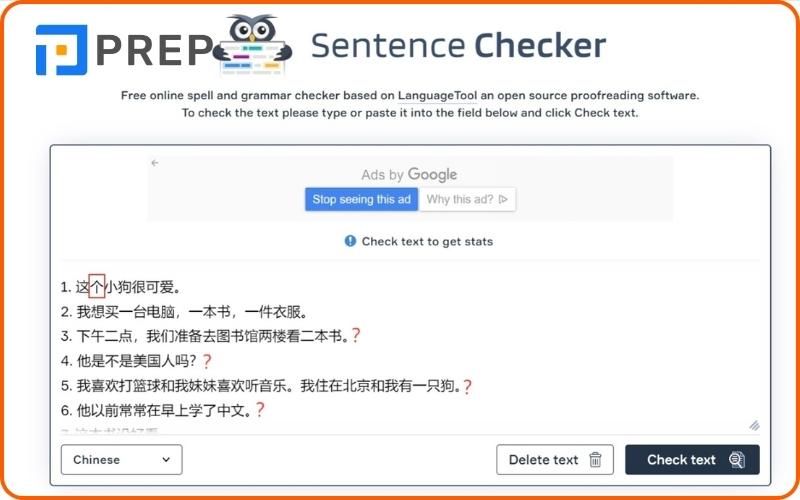 Web check ngữ pháp tiếng Trung Sentence Checker