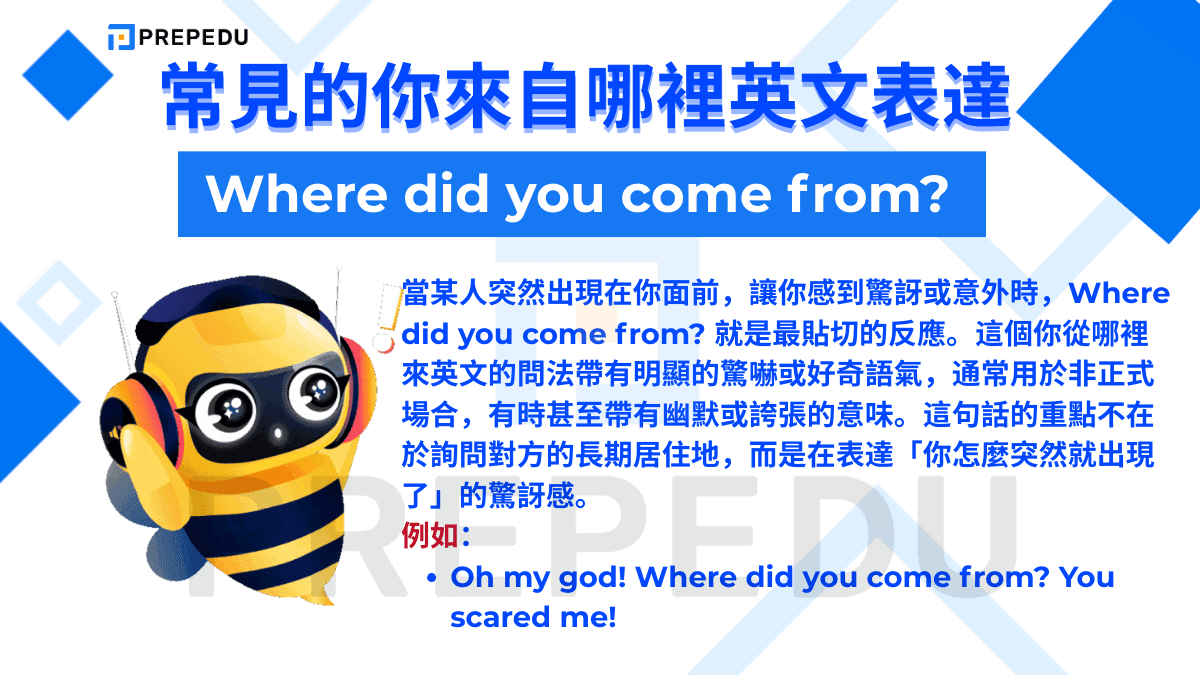 如果想說你來自哪裡可以使用 Where did you come from? 的句型。