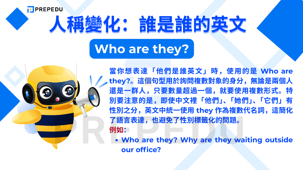 當你想表達「他們是誰英文」時，使用的是 Who are they?