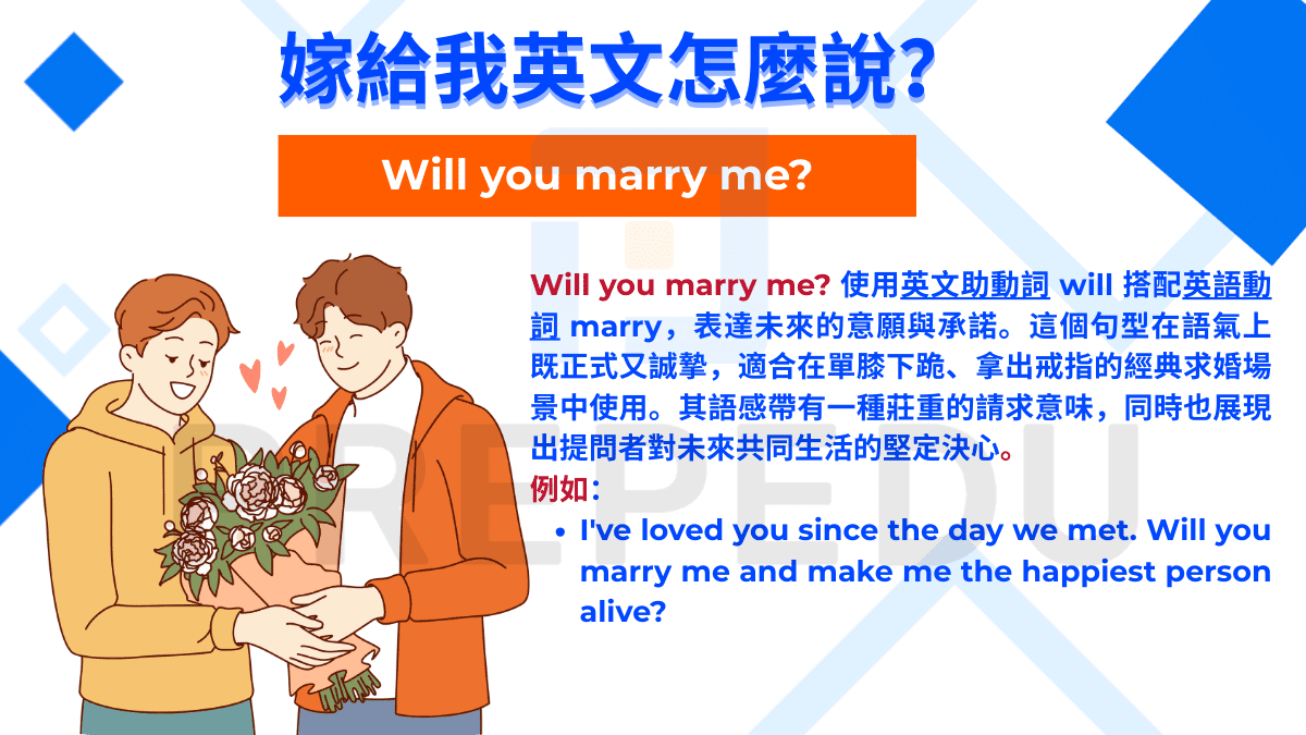 嫁給我英文最常用表達的句子是 Will you marry me?
