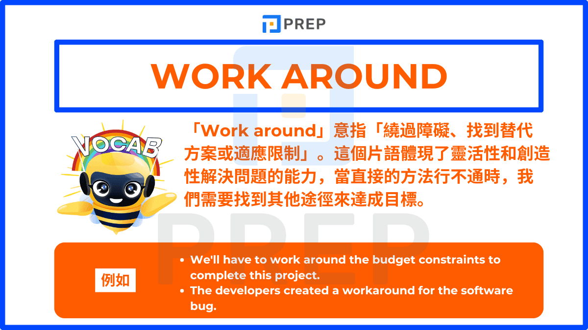 「Work around」意指「繞過障礙、找到替代方案或適應限制」