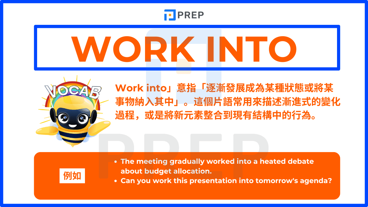 「Work into」意指「逐漸發展成為某種狀態或將某事物納入其中」