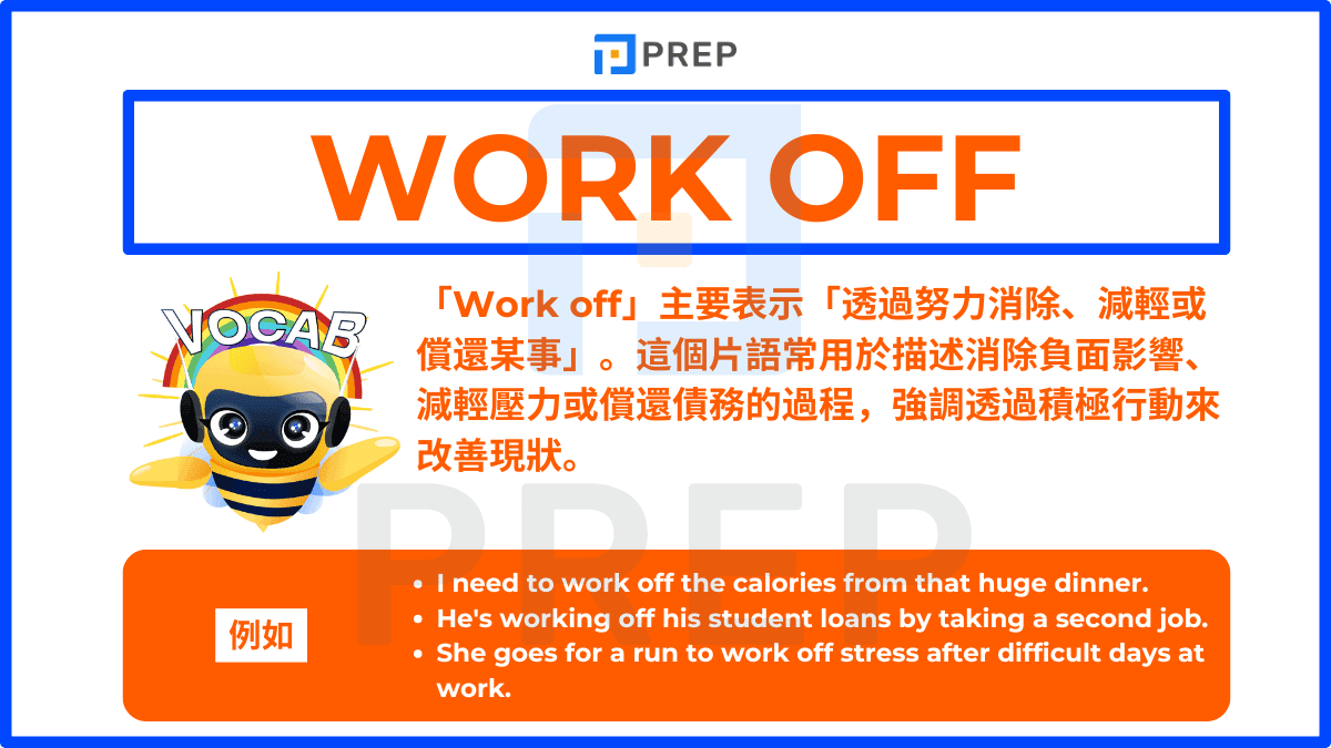 「Work off」主要表示「透過努力消除、減輕或償還某事」