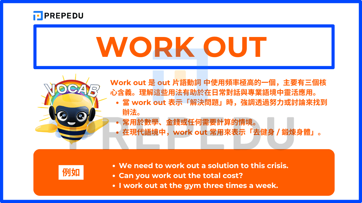 Work out 是 out的片語動詞 中使用頻率極高的一個