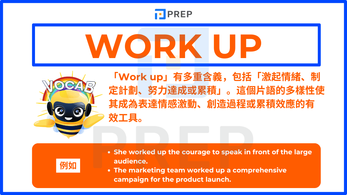 Work up」有多重含義,包括「激起情緒、制定計劃、努力達成或累積」